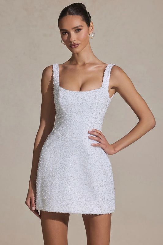 Embellished Structured A-Line Mini Dress in White