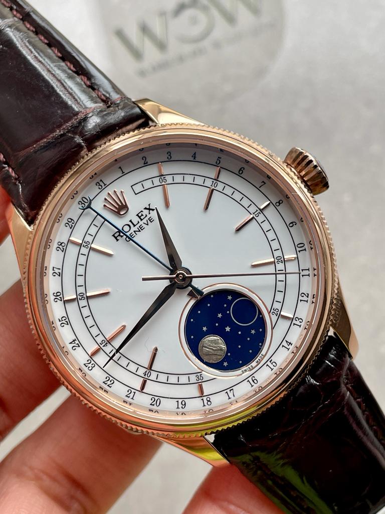 Rolex Cellini Moonphase 50535 RG White Dial on Leather Strap Asia 3195 Mod