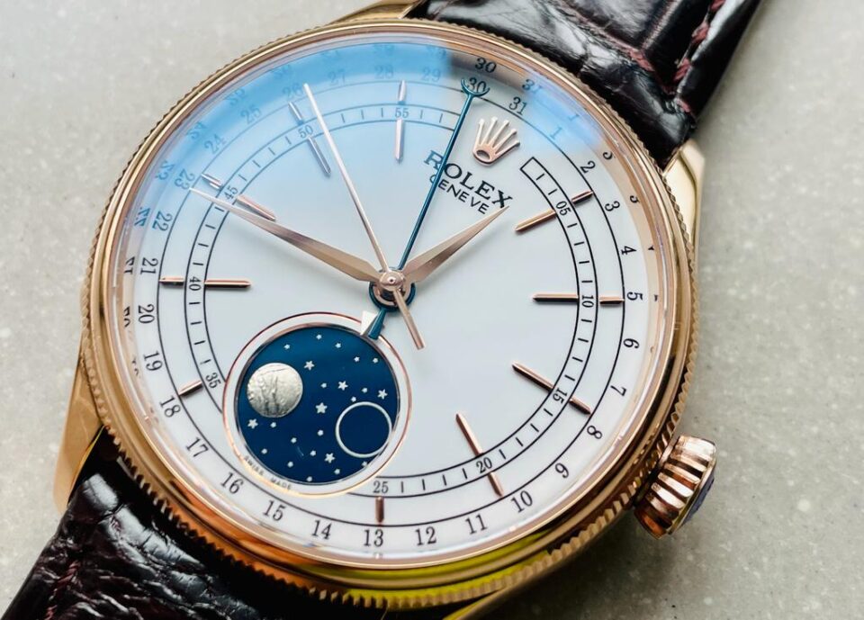 Rolex Cellini Moonphase 50535 RG White Dial on Leather Strap Asia 3195 Mod